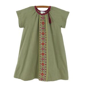 Garnet Hill Kids Delilah Green/Beige Embroidered Woven Dress Size Small Cotton